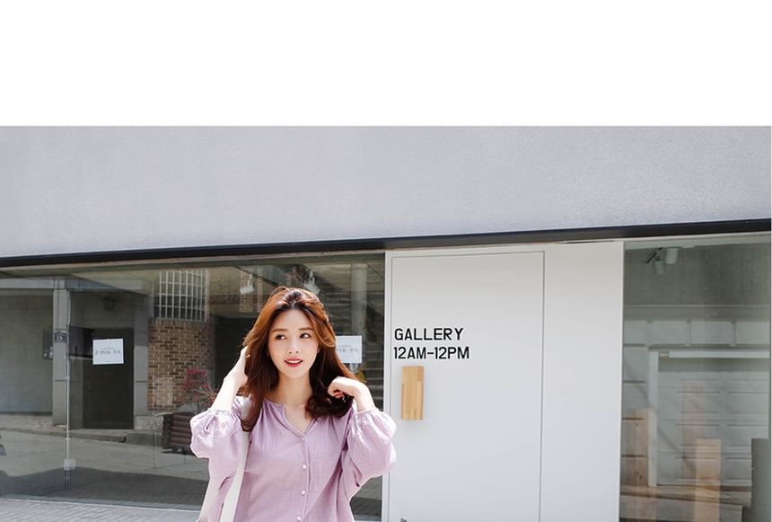 Button-Up Plain V-Neck Shirt