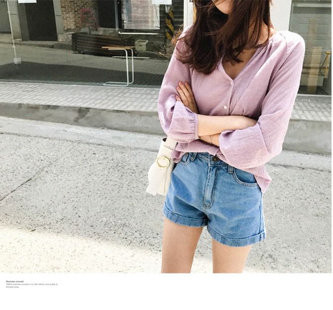 Button-Up Plain V-Neck Shirt