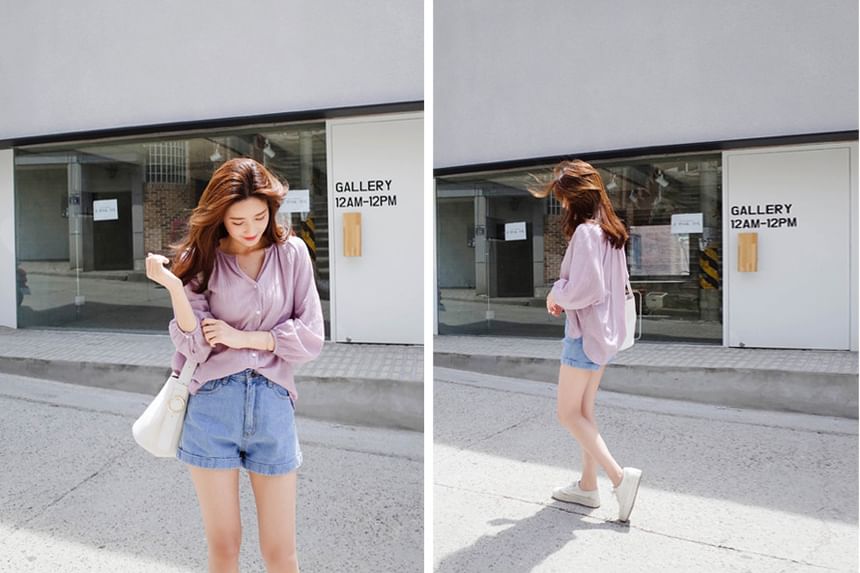 Button-Up Plain V-Neck Shirt