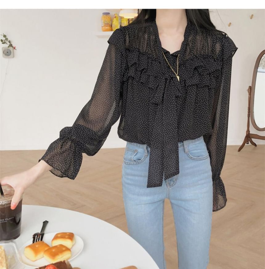 Dotted Ruffled Puff-Sleeved Blouse