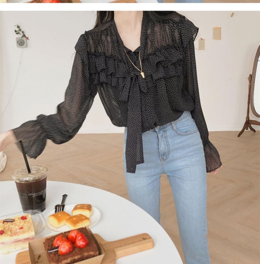 Dotted Ruffled Puff-Sleeved Blouse