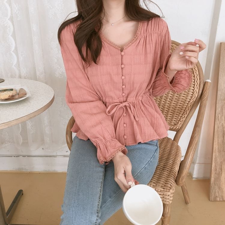 Plaid Lace-Trim Puff-Sleeved Button-Up Blouse
