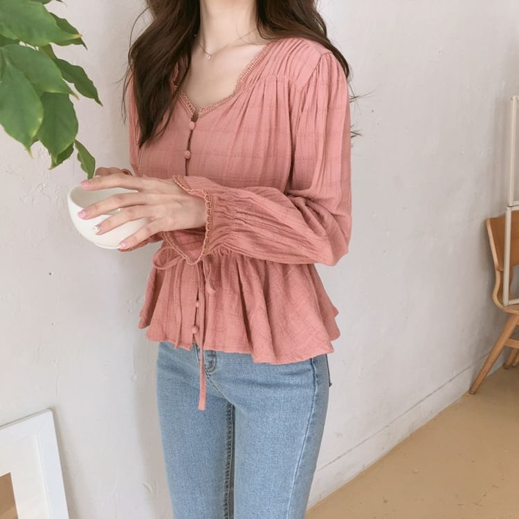 Plaid Lace-Trim Puff-Sleeved Button-Up Blouse