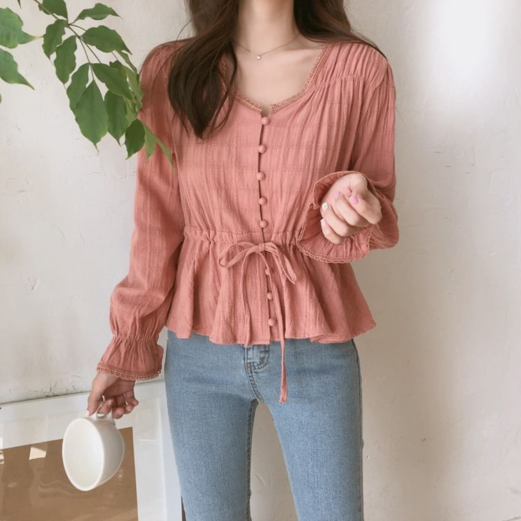 Plaid Lace-Trim Puff-Sleeved Button-Up Blouse