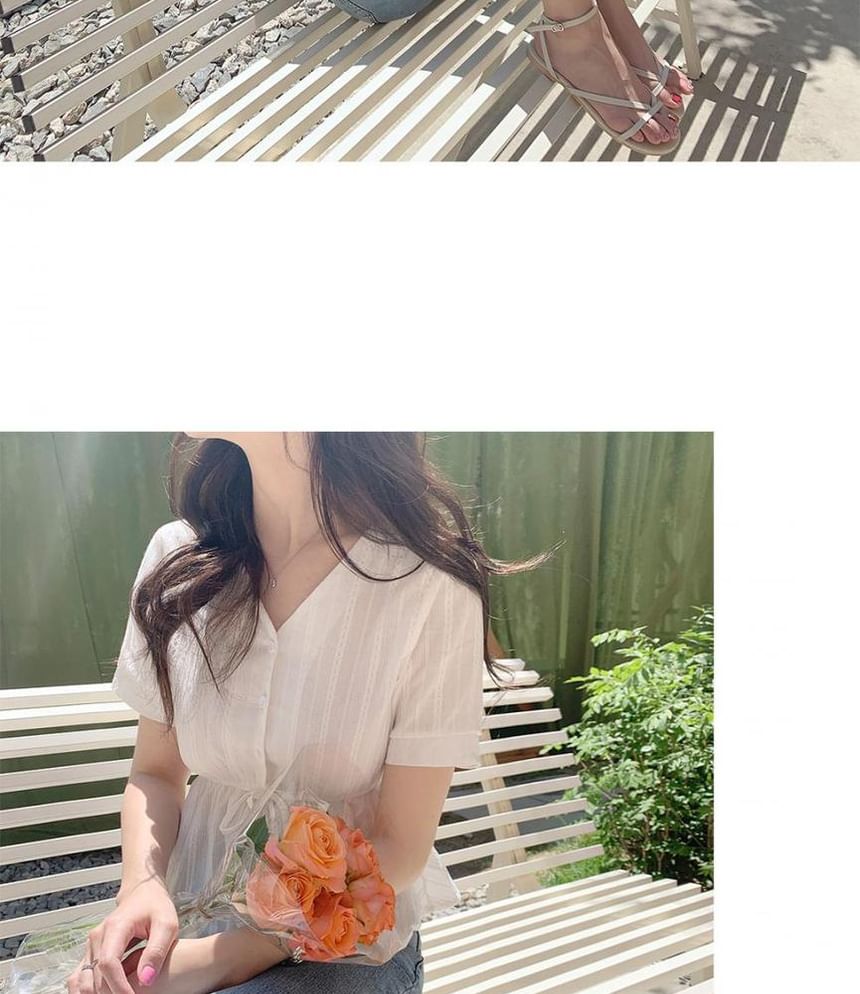 Drawstring Button-Up V-Neck Short-Sleeved Blouse
