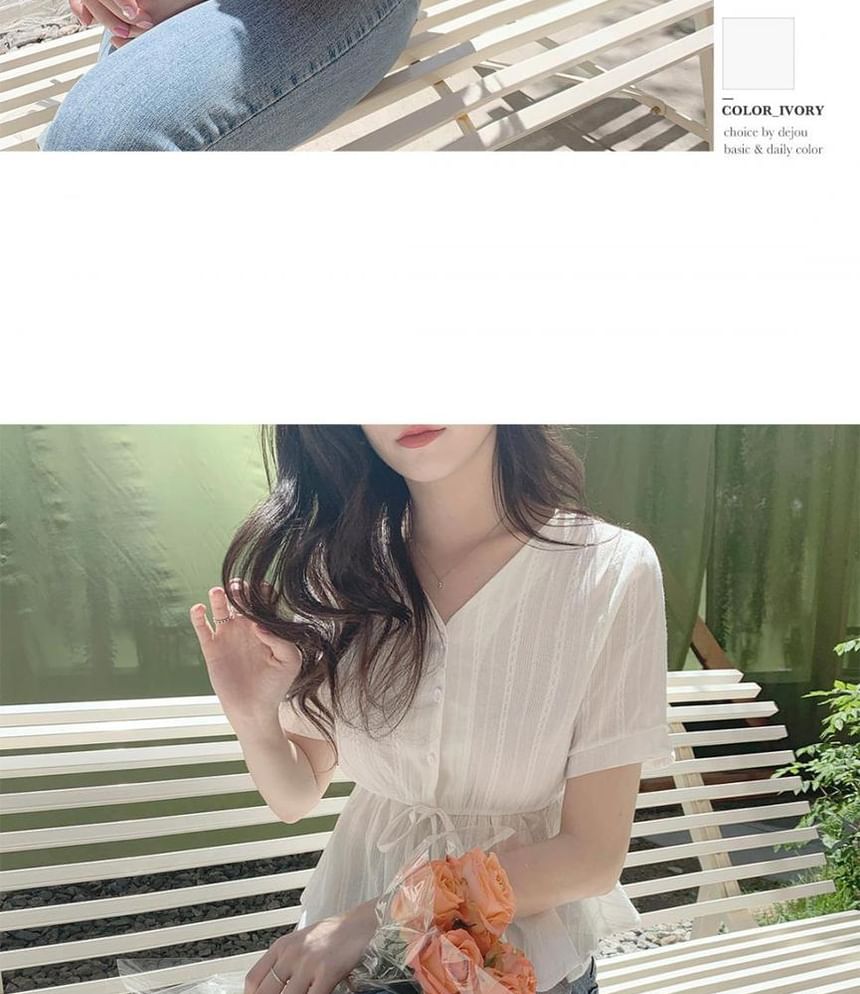 Drawstring Button-Up V-Neck Short-Sleeved Blouse