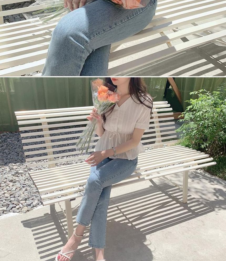 Drawstring Button-Up V-Neck Short-Sleeved Blouse