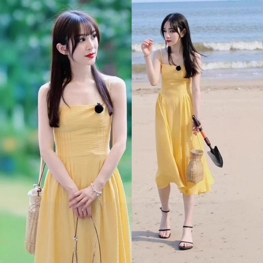 Spaghetti Strap Plain Midi A-Line Dress