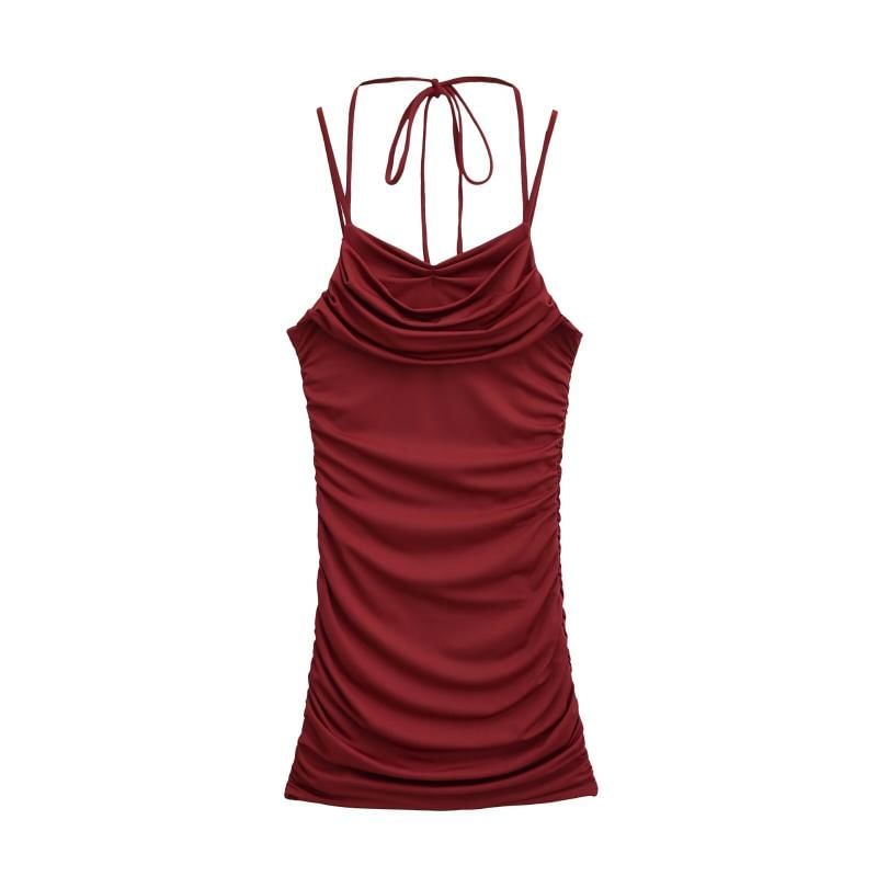 Spaghetti Strap Cowl Neck Plain Ruched Mini Bodycon Dress