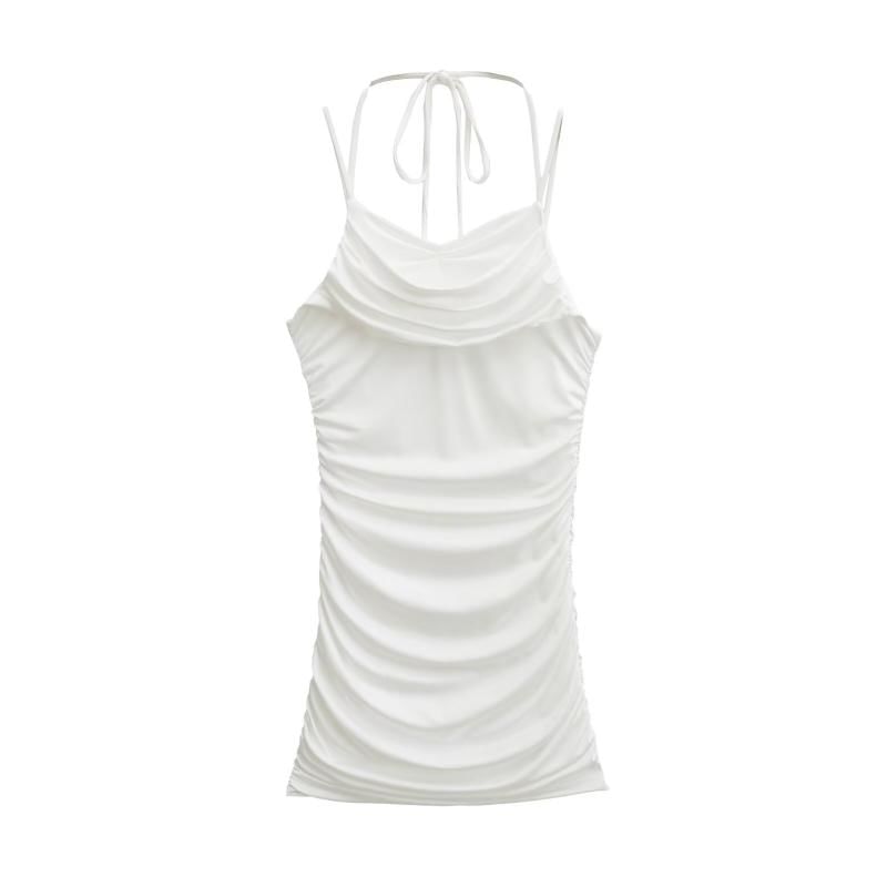Spaghetti Strap Cowl Neck Plain Ruched Mini Bodycon Dress