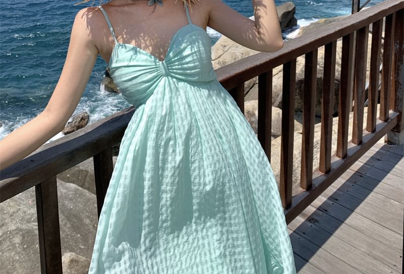 Spaghetti Strap Plaid Ruched Midi A-Line Sundress