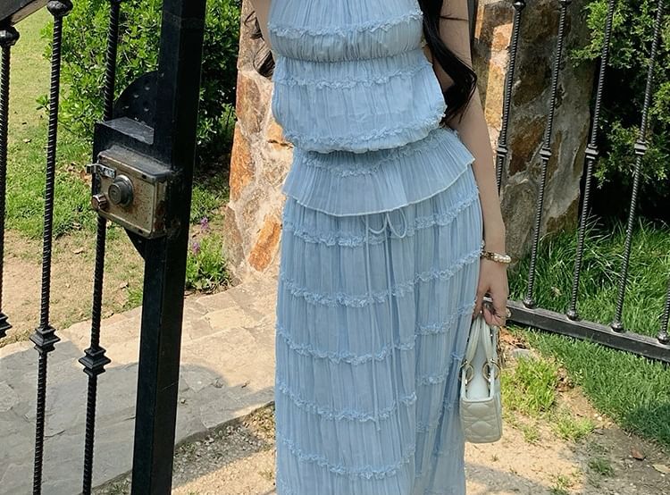 Tiered High-Waisted Maxi Pencil Skirt & Plain Halter Camisole Top Set