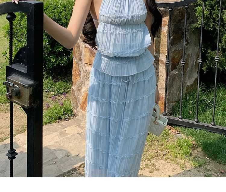 Tiered High-Waisted Maxi Pencil Skirt & Plain Halter Camisole Top Set