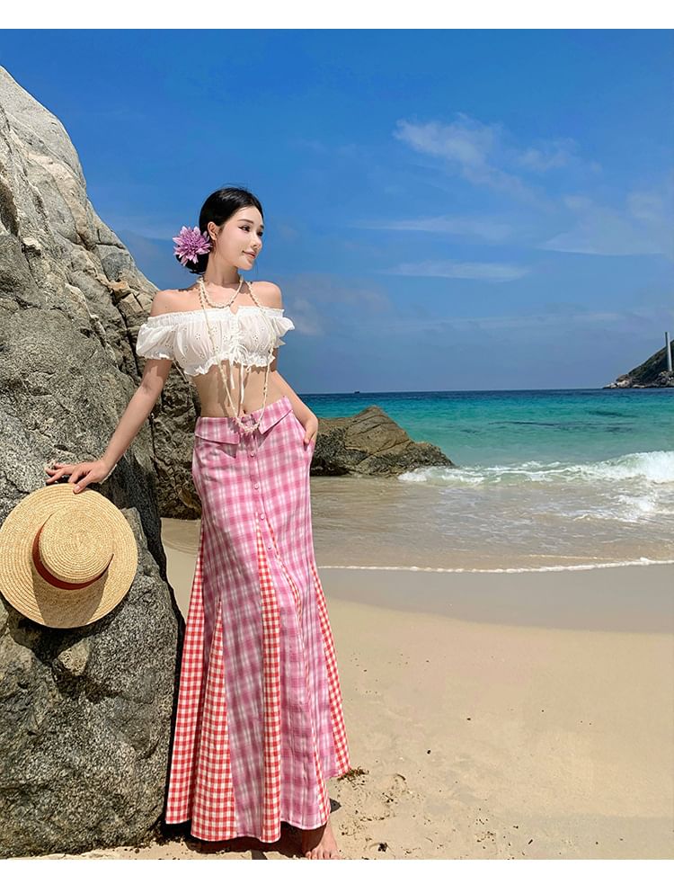 Puff-Sleeved Off-Shoulder Ruffle Crop Top & Plaid Mid-Waist Maxi Skirt Set