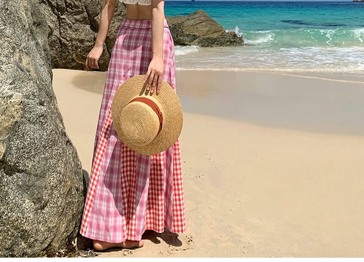 Puff-Sleeved Off-Shoulder Ruffle Crop Top & Plaid Mid-Waist Maxi Skirt Set