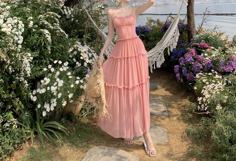 Spaghetti Strap Plain Tiered Ruffle Trim Midi A-Line Dress