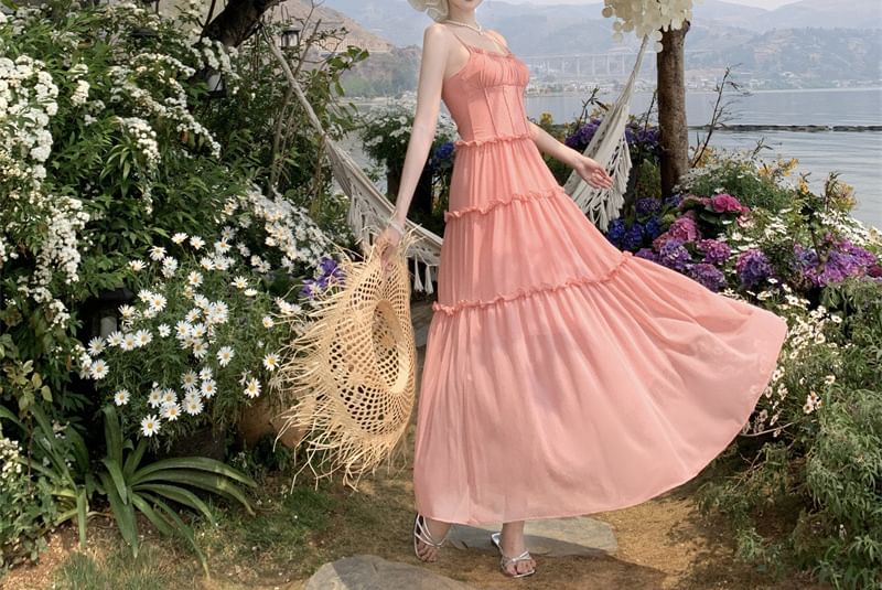 Spaghetti Strap Plain Tiered Ruffle Trim Midi A-Line Dress