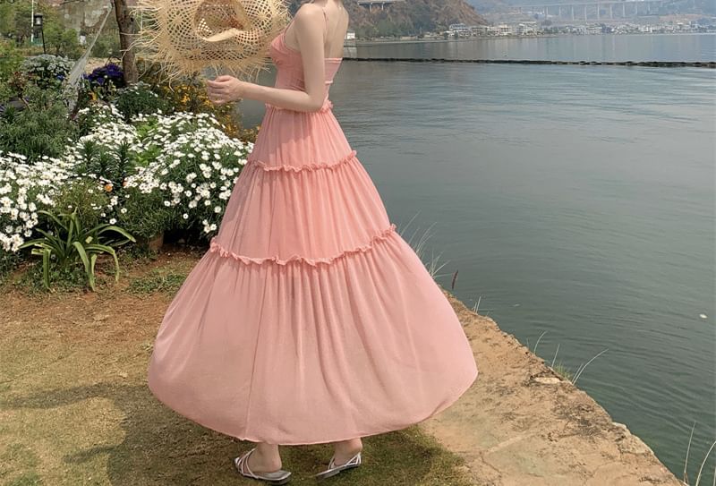 Spaghetti Strap Plain Tiered Ruffle Trim Midi A-Line Dress