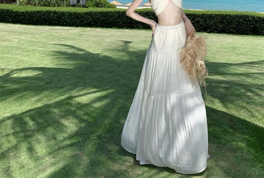 Plain Halter Crop Cami Top & Tiered High-Rise Maxi A-Line Skirt Set