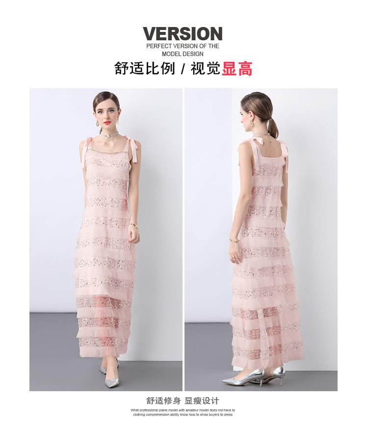Tie Shoulder Plain Sequin Beaded Panel Maxi A-Line Dress
