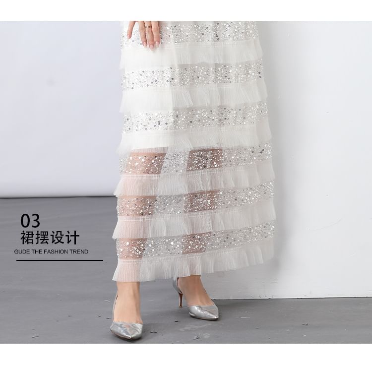 Tie Shoulder Plain Sequin Beaded Panel Maxi A-Line Dress