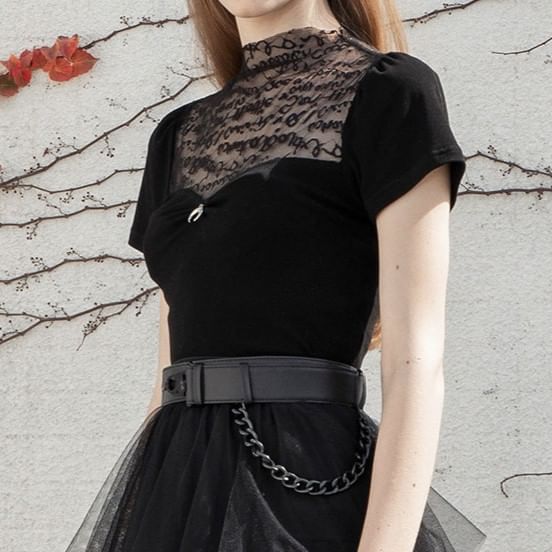 Panel Mesh Plain Mock-Neck Short-Sleeved Top