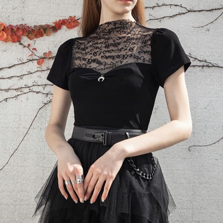 Panel Mesh Plain Mock-Neck Short-Sleeved Top