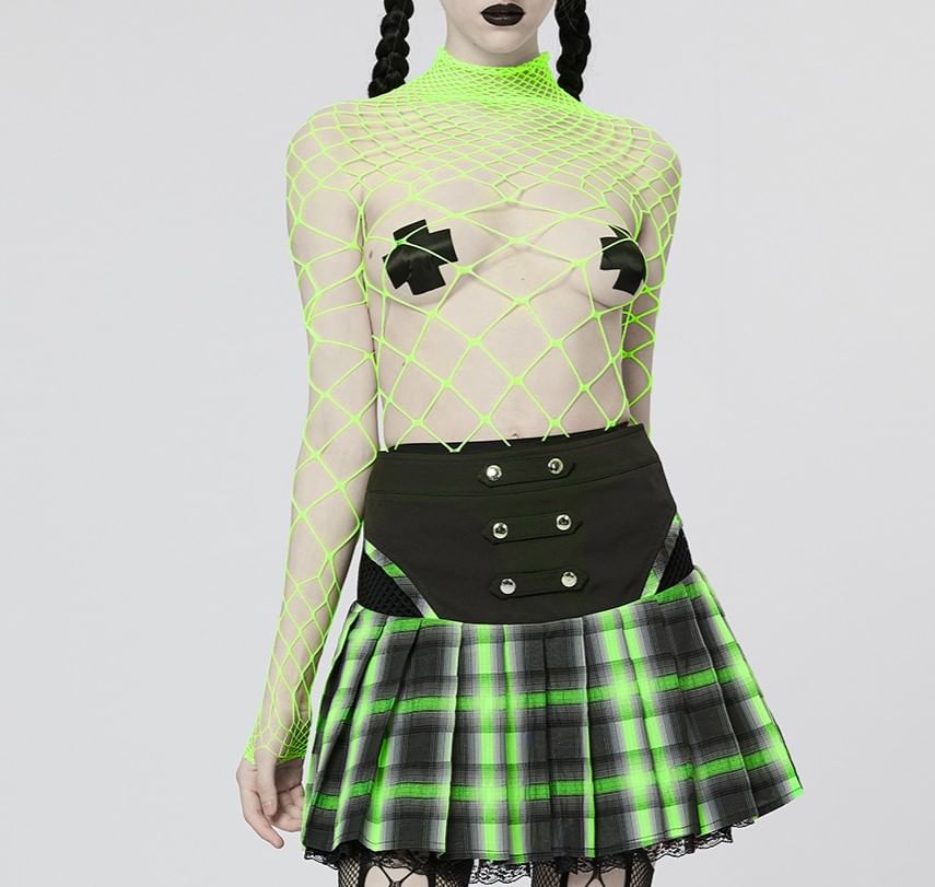 Fishnet Plain Mock-Neck Long-Sleeved Bodysuit Top
