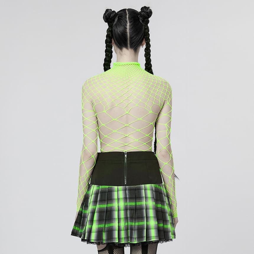 Fishnet Plain Mock-Neck Long-Sleeved Bodysuit Top
