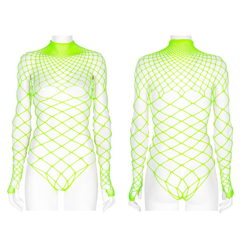 Fishnet Plain Mock-Neck Long-Sleeved Bodysuit Top