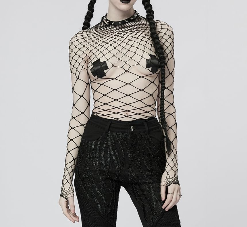 Fishnet Plain Mock-Neck Long-Sleeved Bodysuit Top