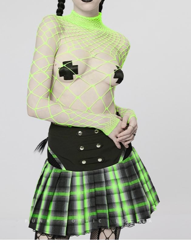 Fishnet Plain Mock-Neck Long-Sleeved Bodysuit Top