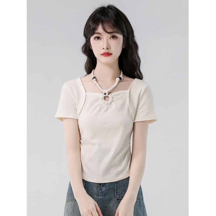 Beaded Slim Cropped Halter Tee, Short Sleeved and Plain