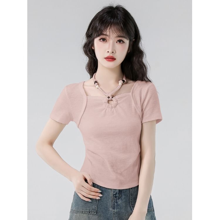 Beaded Slim Cropped Halter Tee, Short Sleeved and Plain