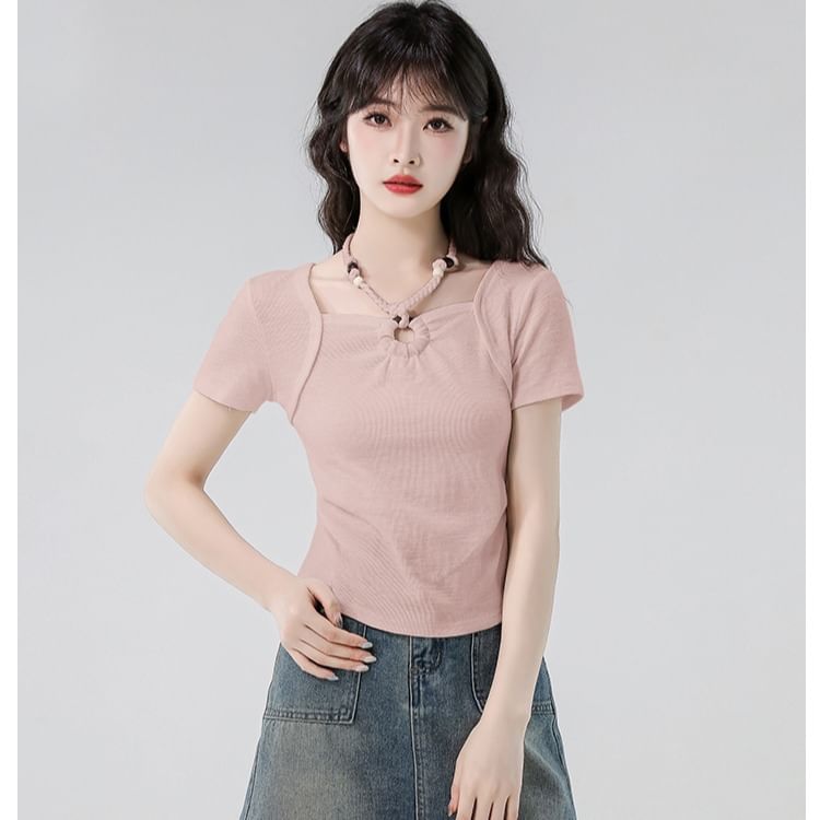 Beaded Slim Cropped Halter Tee, Short Sleeved and Plain