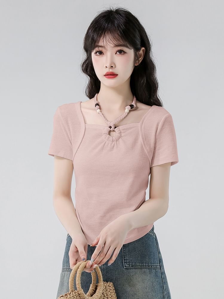 Beaded Slim Cropped Halter Tee, Short Sleeved and Plain