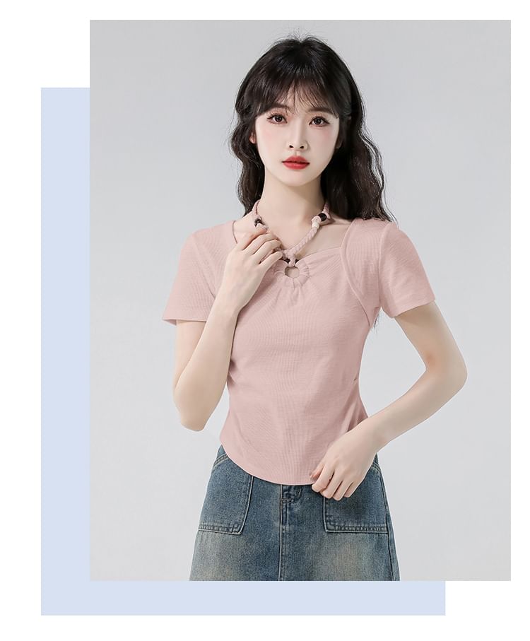 Beaded Slim Cropped Halter Tee, Short Sleeved and Plain
