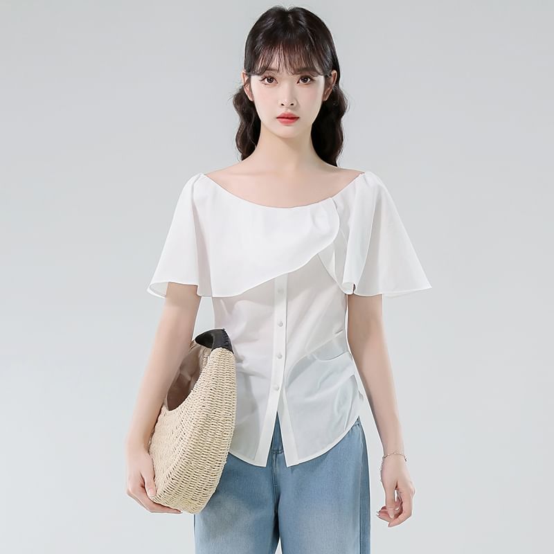 Off-Shoulder Ruched Buttoned Blouse with Ruffled Sleeves