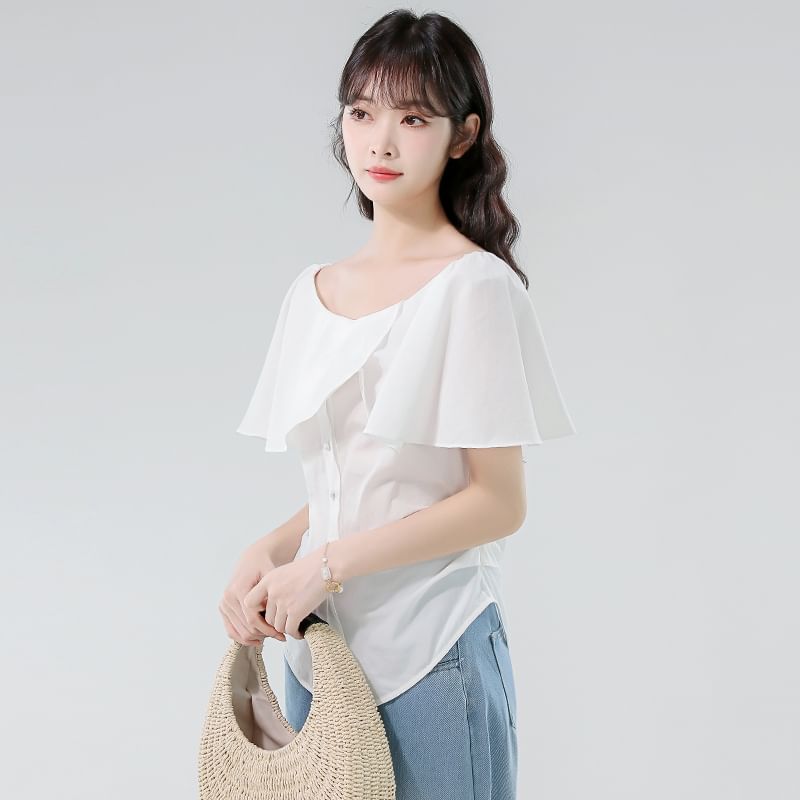 Off-Shoulder Ruched Buttoned Blouse with Ruffled Sleeves
