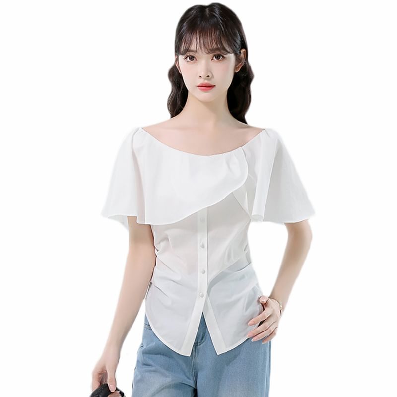 Off-Shoulder Ruched Buttoned Blouse with Ruffled Sleeves