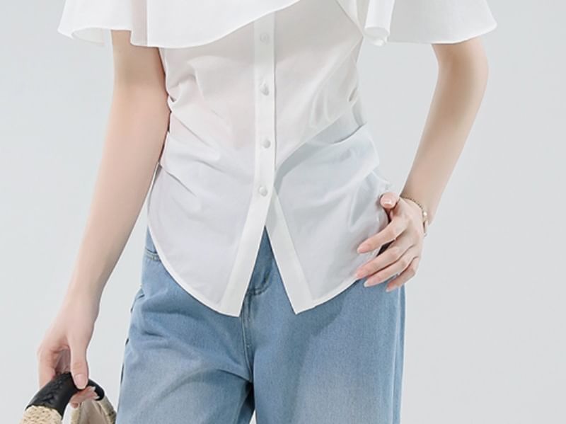 Off-Shoulder Ruched Buttoned Blouse with Ruffled Sleeves