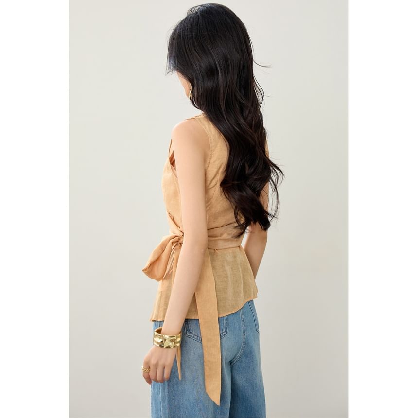 Plain Asymmetric Tie-Waist Wrap Top, Sleeveless V-Neck
