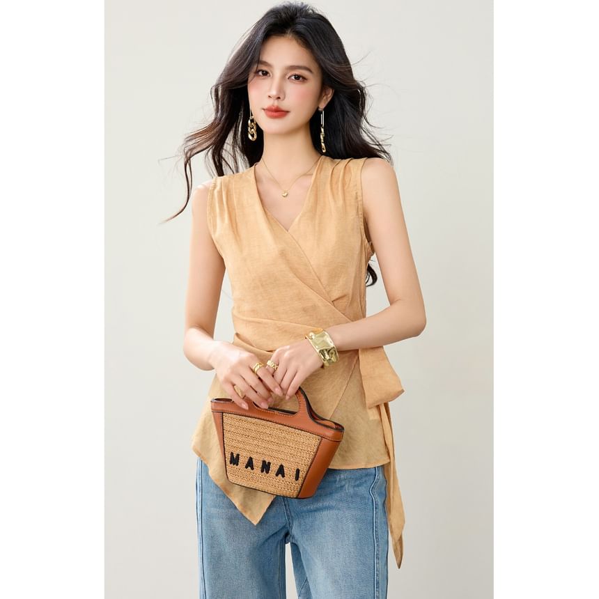 Plain Asymmetric Tie-Waist Wrap Top, Sleeveless V-Neck