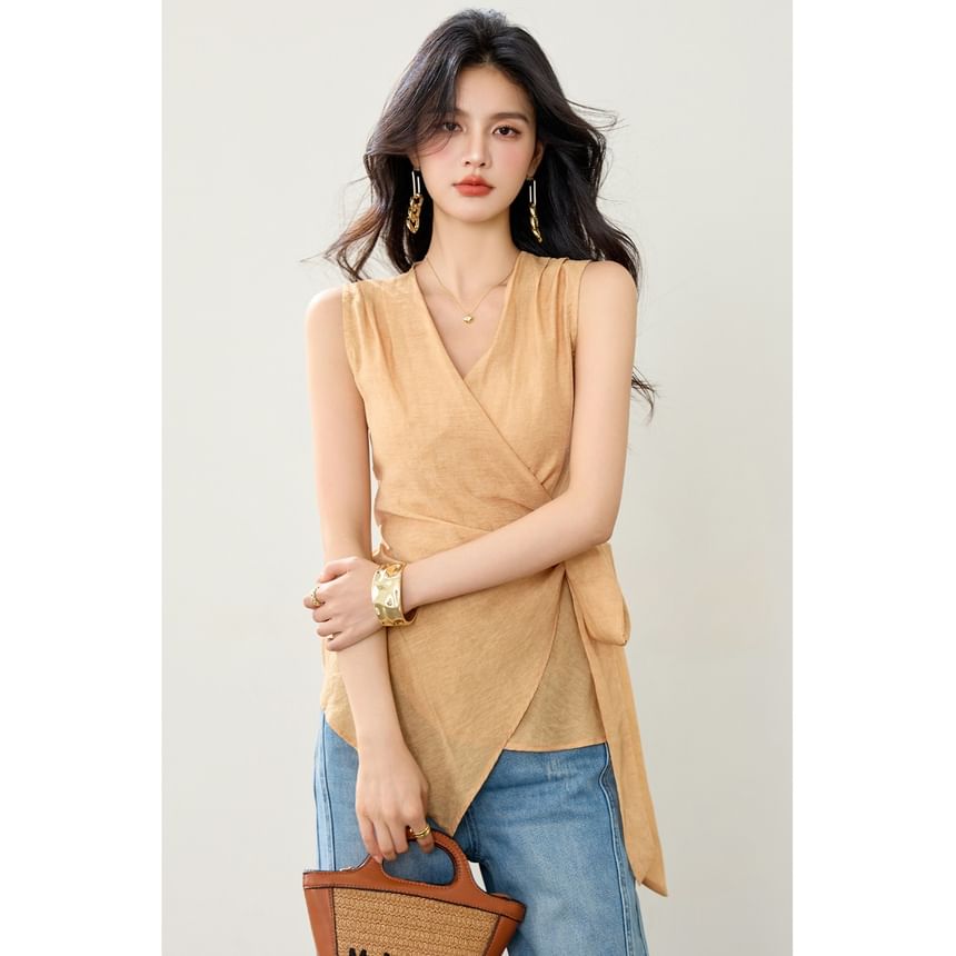 Plain Asymmetric Tie-Waist Wrap Top, Sleeveless V-Neck