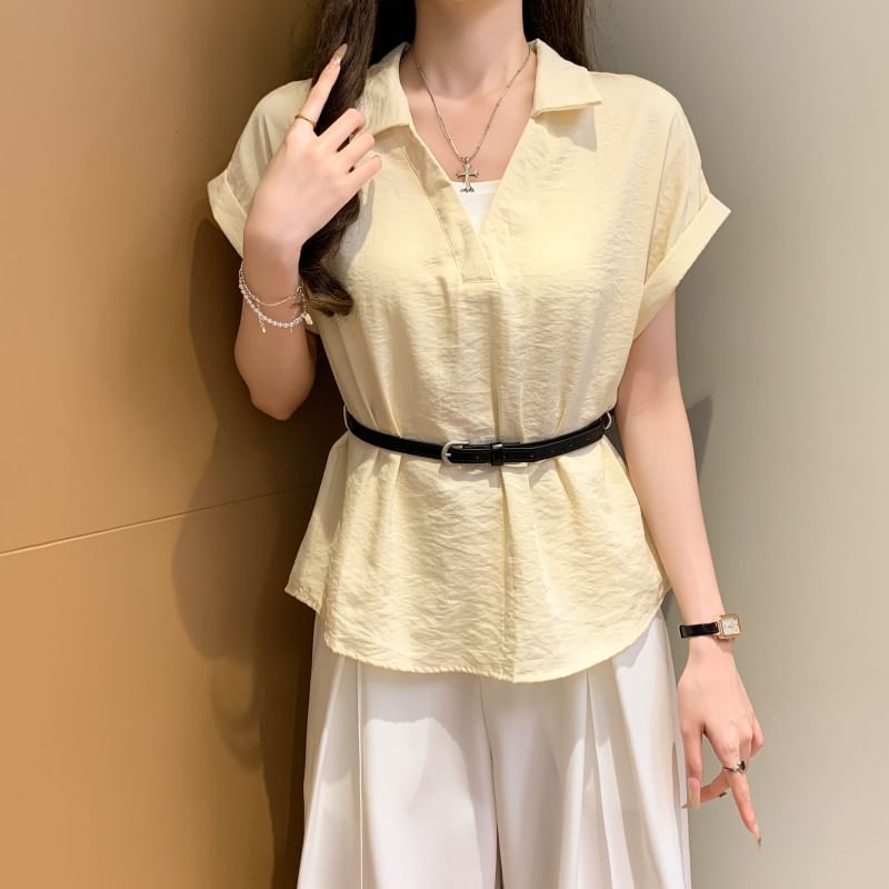 Collared V-Neck Plain Blouse with Belt and Short Sleeves