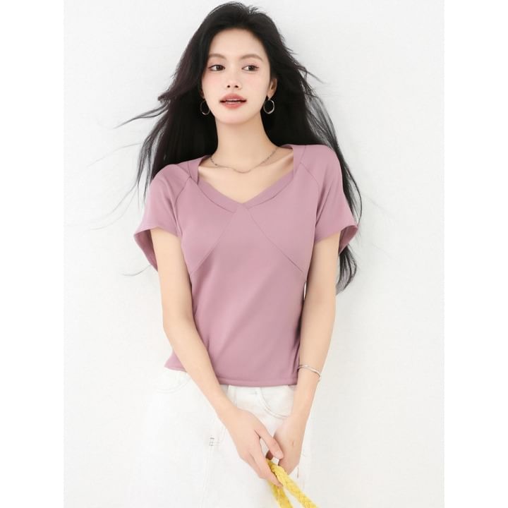 Plain Slim-Fit Cropped Tee, Cap-Sleeved V-Neck