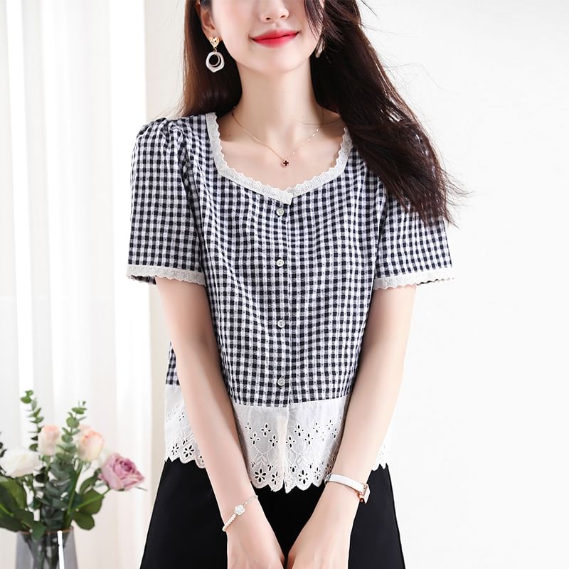 Gingham Square-Neck Lace-Trimmed Buttoned Mini Blouse