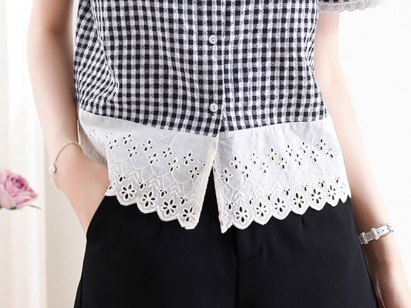 Gingham Square-Neck Lace-Trimmed Buttoned Mini Blouse