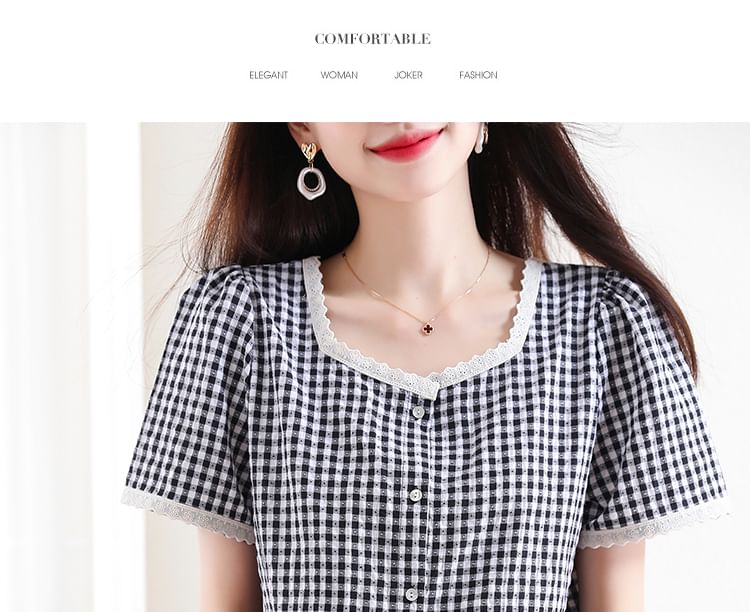 Gingham Square-Neck Lace-Trimmed Buttoned Mini Blouse