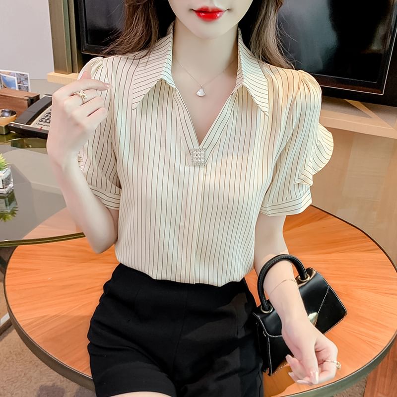 Striped Ruffle-Trimmed Collared V-Neck Blouse, Short Sleeved